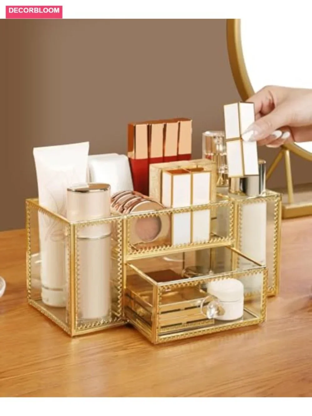 Gold Makeup Brush Holder Cosmetic Organizer Display Case Skincare Storage